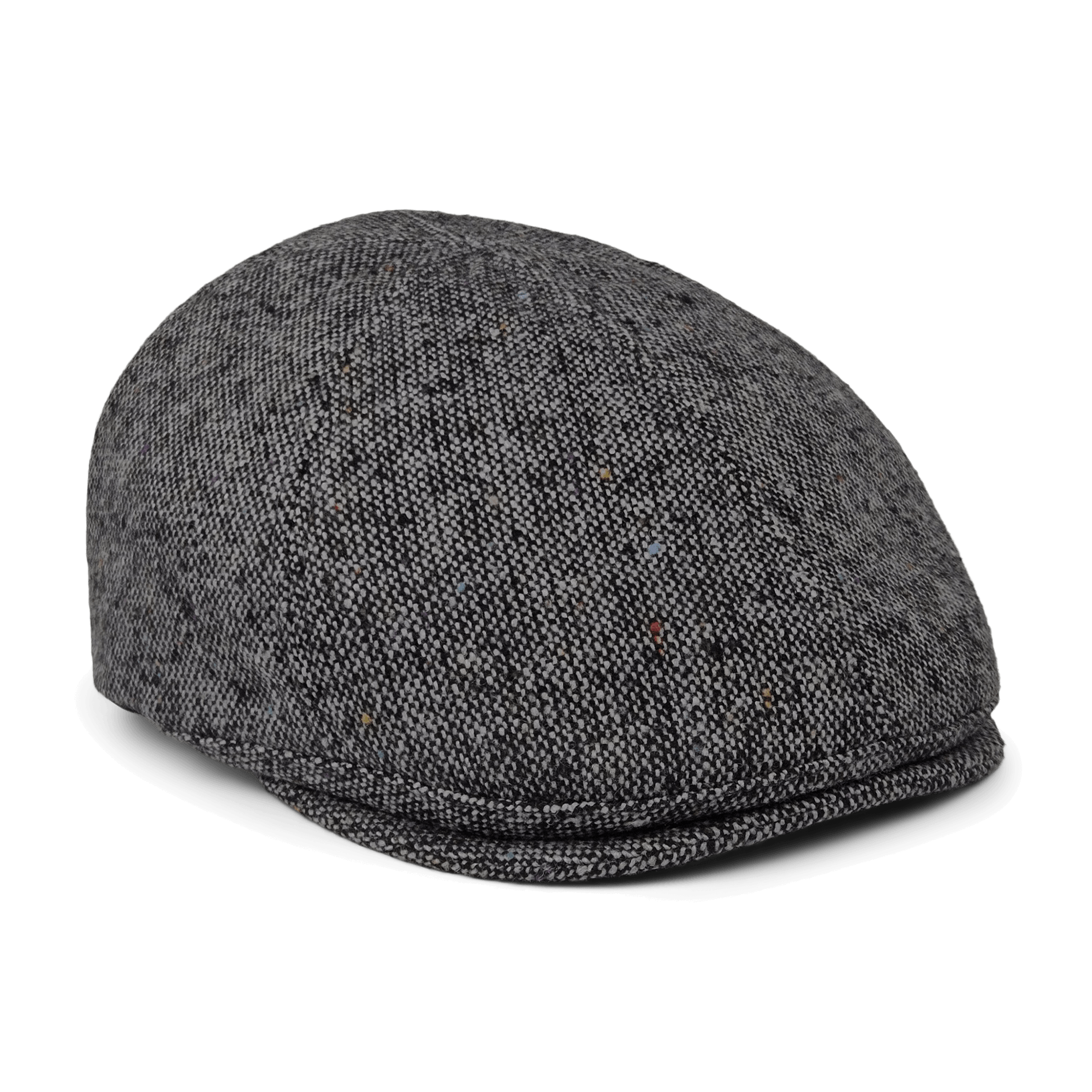 The Goorin Bros. Newlands flat cap, handmade in the USA, features a grey flecked texture and rounded top, shown on a white background.