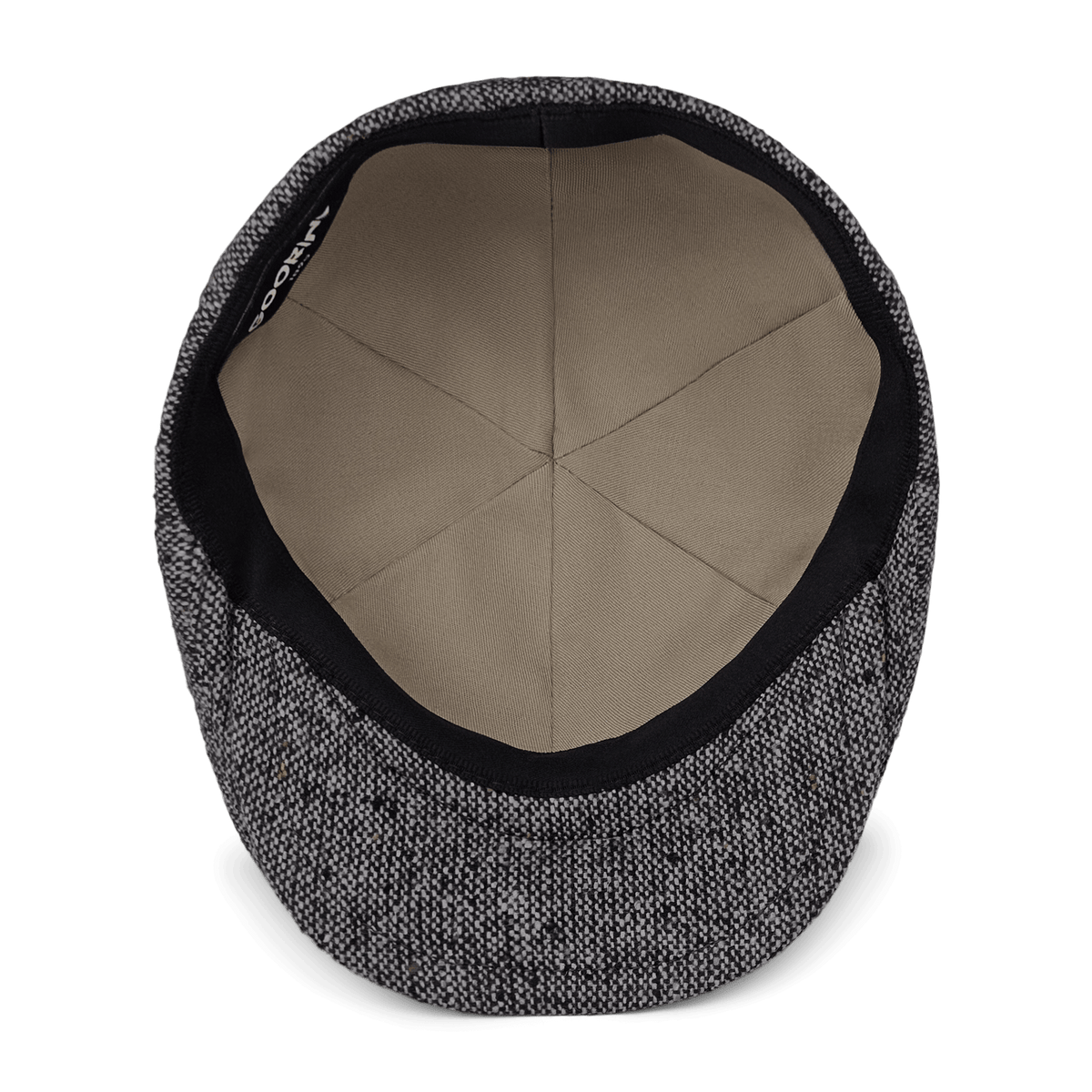 The Goorin Bros. “Newlands” flat cap is showcased from above, highlighting its gray textured design, premium hand-cut craftsmanship in the USA, beige inner lining, and black edge trim against a white background.