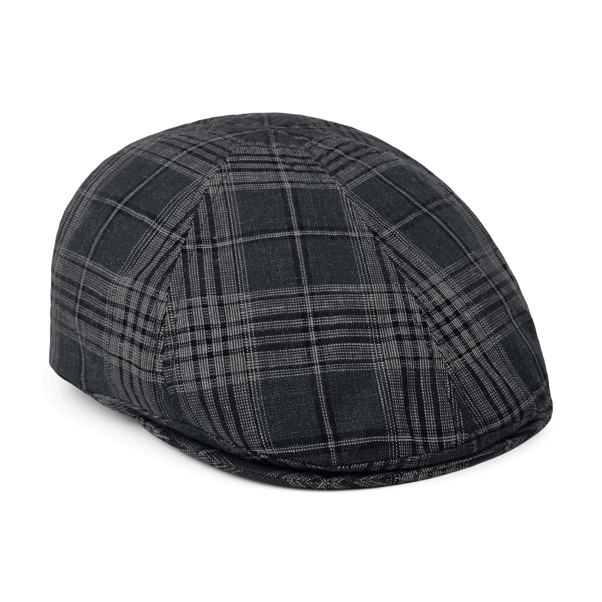 The Goorin Bros. Glenwood Grove is a 100% cotton flatcap in black, gray, and dark green plaid, shown from the side on a white background.