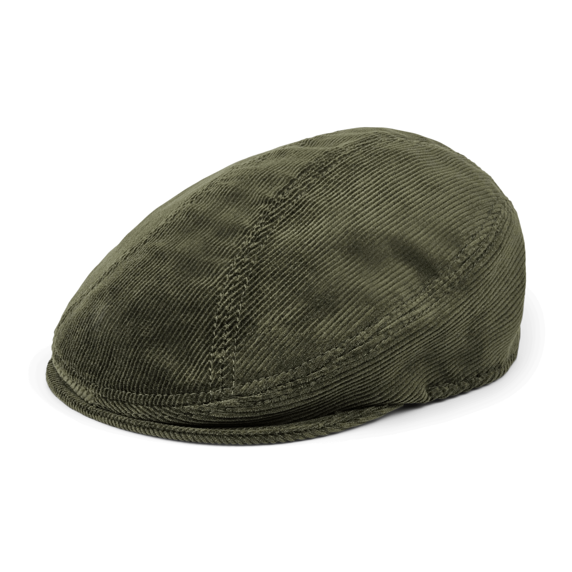 The Maxwell Park flatcap by Goorin Bros. features olive green cotton corduroy, a rounded crown, and a short stiff brim. Made in the USA and shown on a plain white background.