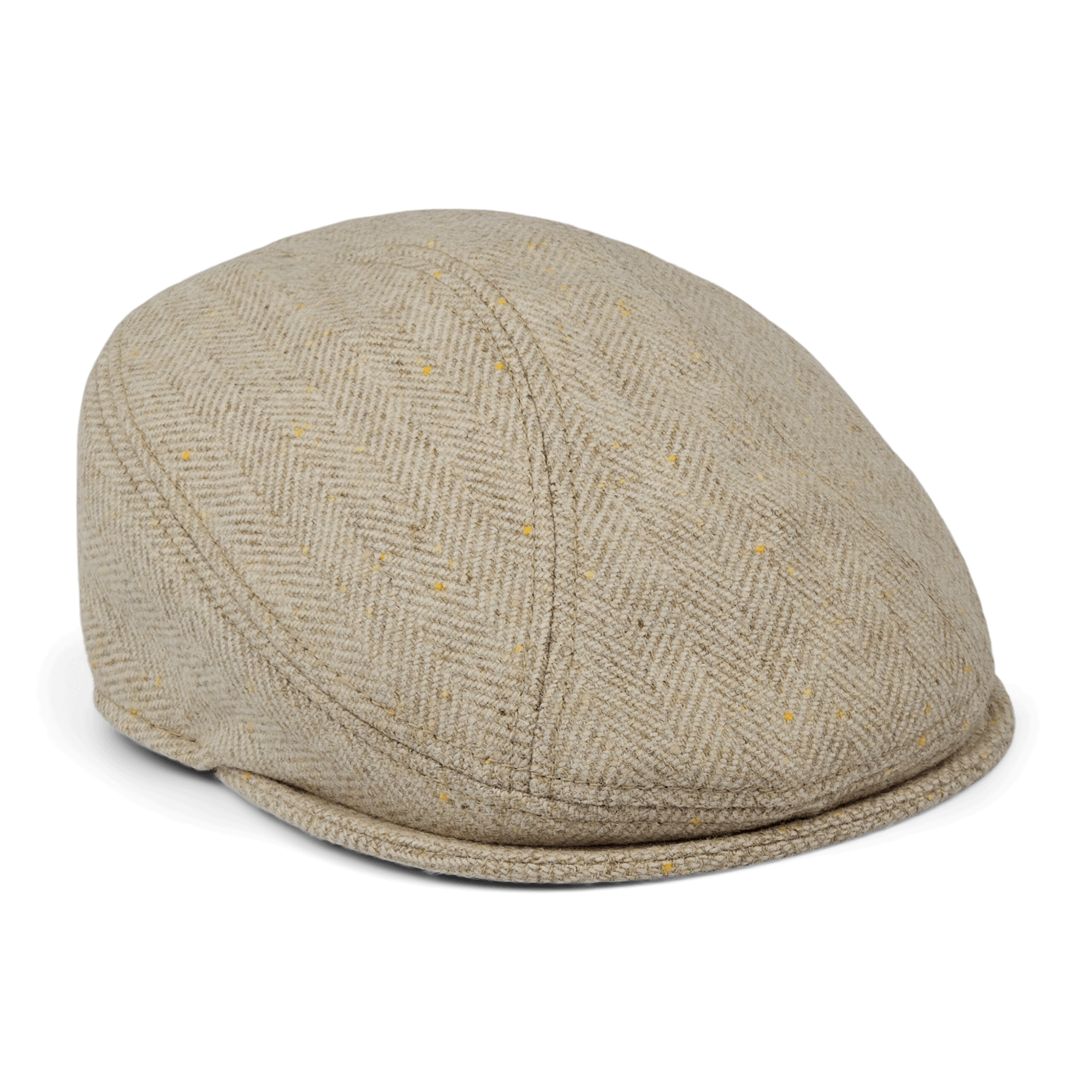The Iris Fields flatcap by Goorin Bros. features cream herringbone wool, a rounded crown, and a short stiff brim. Hand sewn in the USA and shown against a white background.