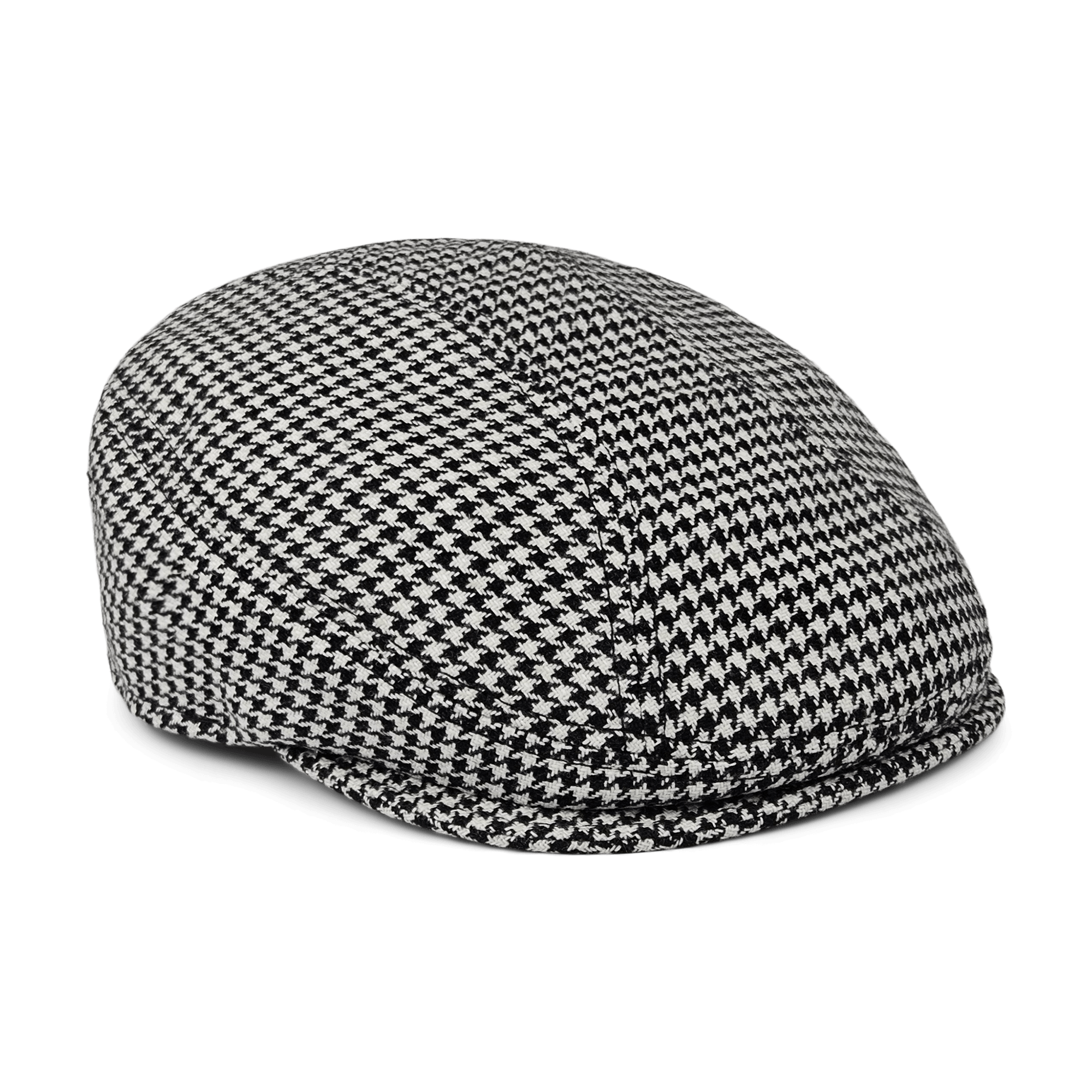 The Norwood flatcap by Goorin Bros., made from 100% wool with a black and white houndstooth pattern, is displayed against a white background.