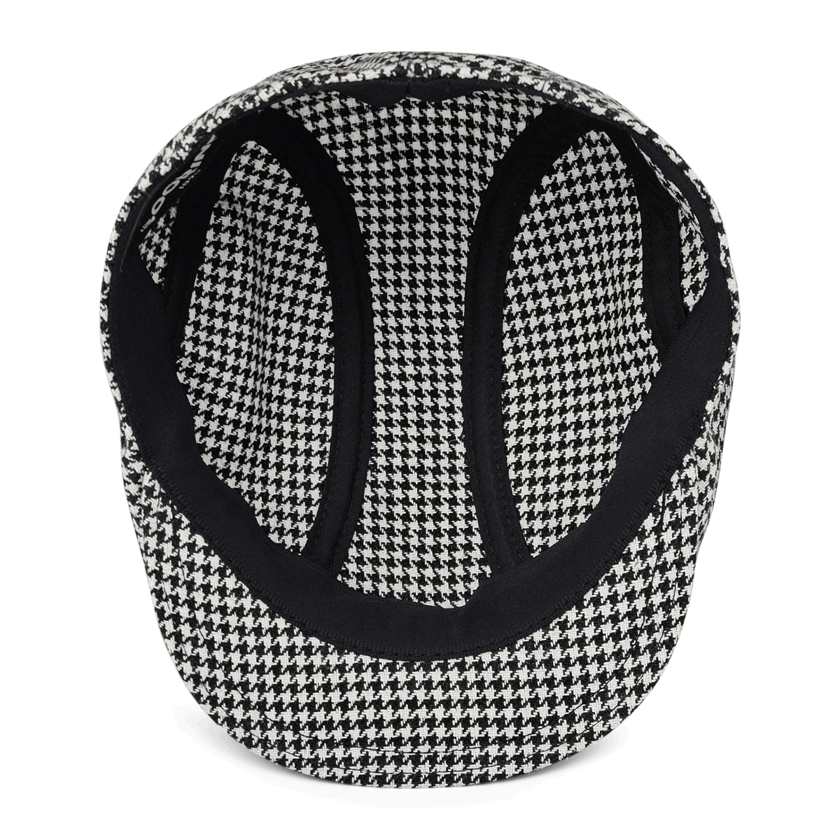 Top view of the Norwood cap by Goorin Bros., featuring a black and white houndstooth pattern in premium wool, with visible inner lining and seams; proudly made in the USA.