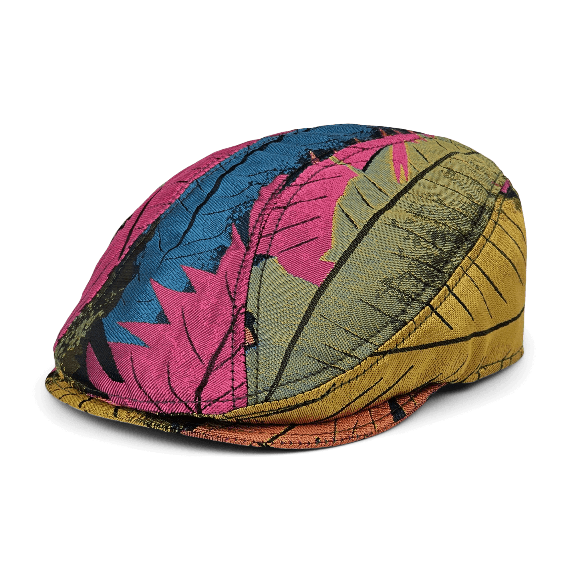 The Upland Avenue by Goorin Bros. is a hand-sewn flatcap made in the USA, featuring a vibrant tropical leaf pattern in pink, blue, yellow, and green on white.