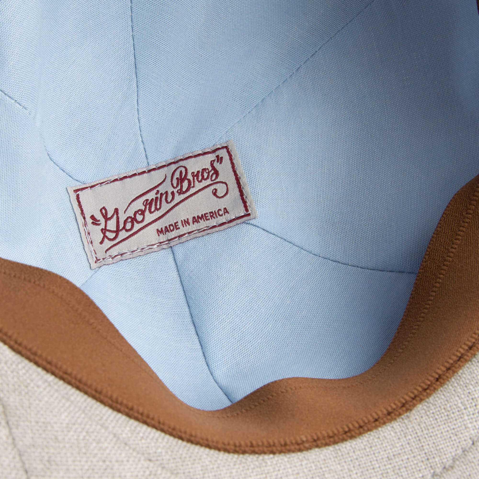 Close-up of Benjamin Paul's interior shows a Goorin Bros. label with Made in America text, light blue lining, and brown trim—perfect details for an everyday hat.