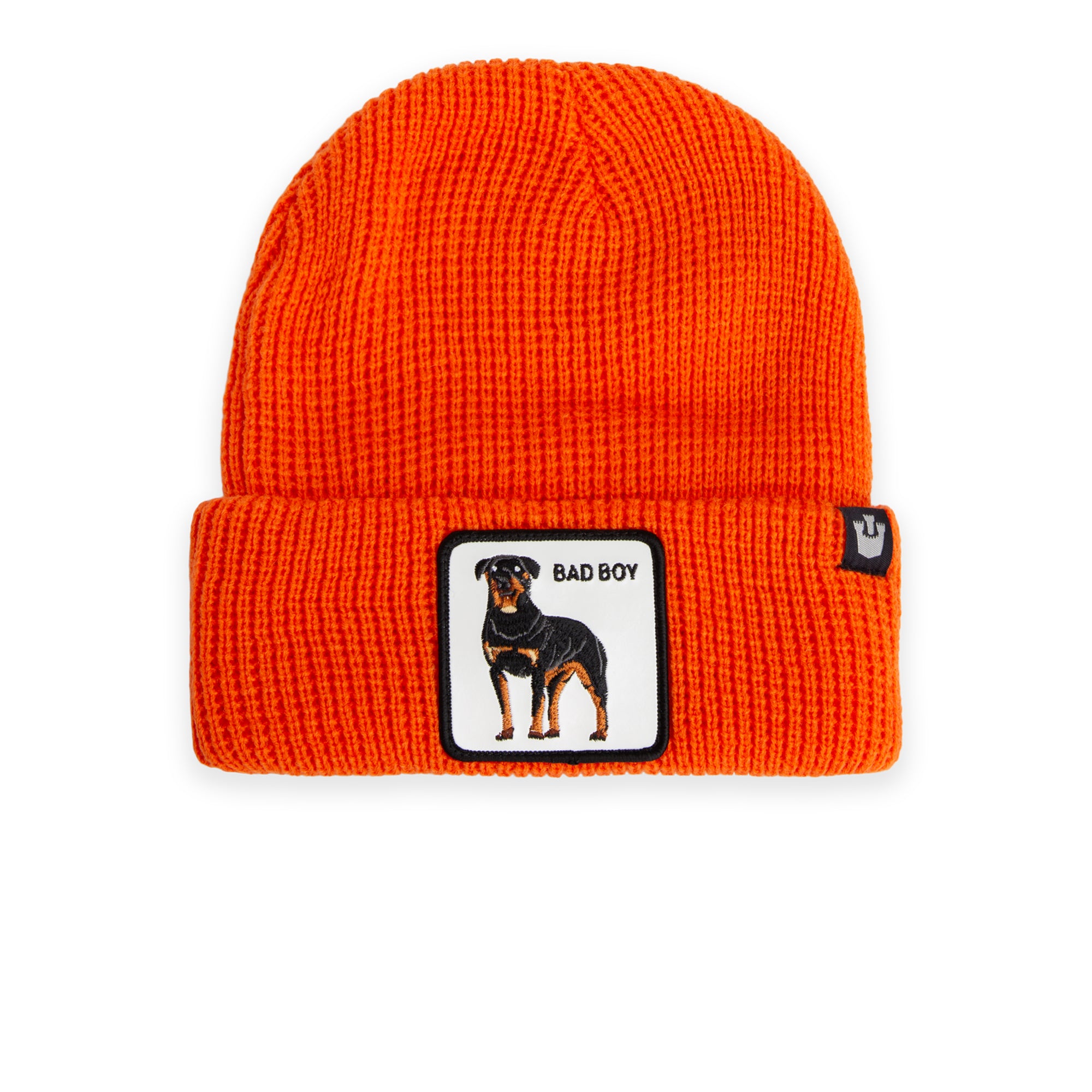 The Alpha Beta beanie by Goorin Bros. is a bright orange knit hat featuring a dog patch with "BAD BOY" text on the front. All sales are final.