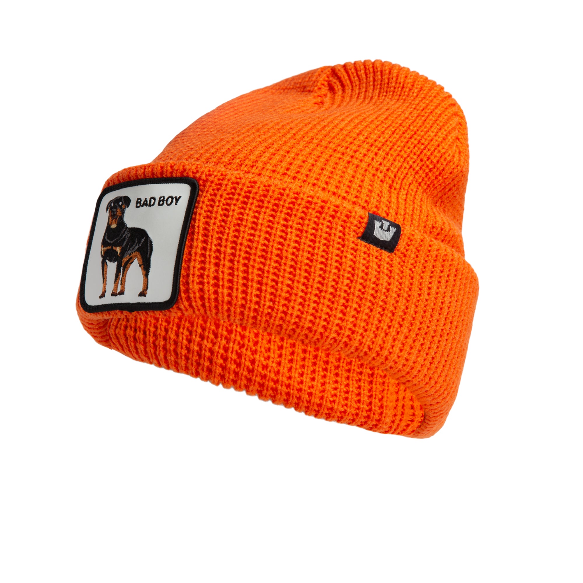 The Alpha Beta beanie by Goorin Bros. is a bright orange knit hat with a dog patch labeled BAD BOY and a small black square logo tag. All sales are final.