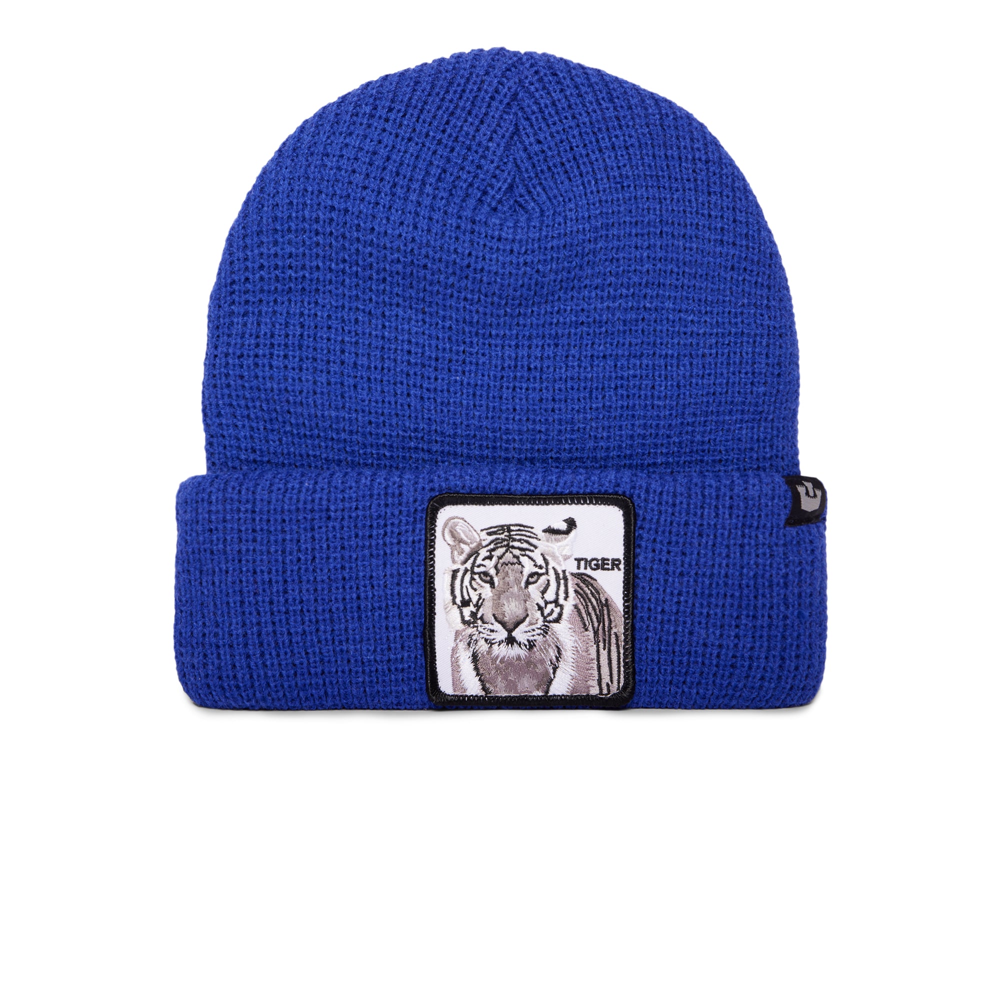 The Goorin Bros. Stripes Earned beanie is blue, knit with a folded brim, and features a front patch of a tiger and the word "TIGER" embroidered on it.