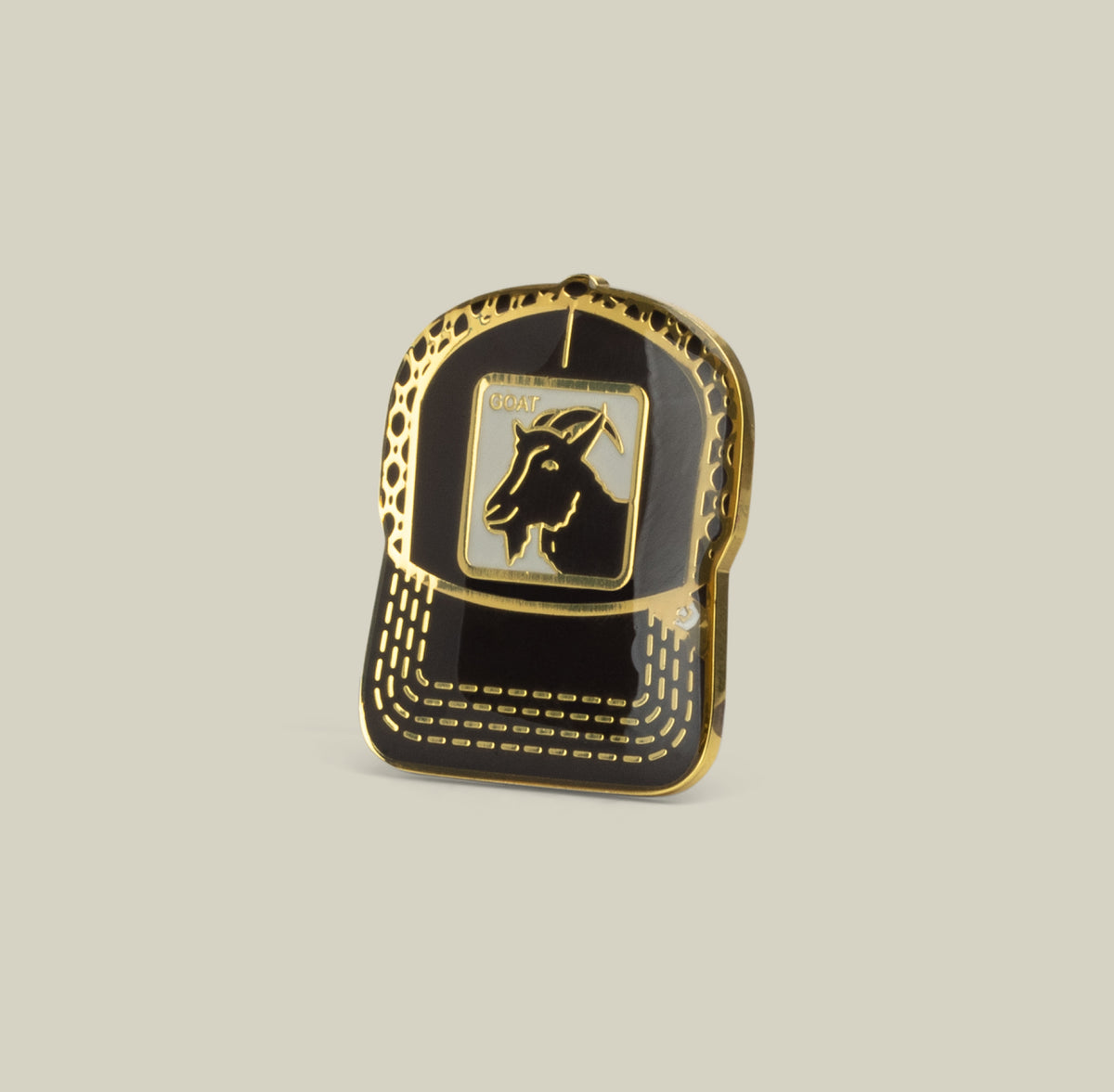 A Ground-colored zinc alloy Goat Trucker Pin by Goorin Bros., shaped like a cap with a goat head—ideal for accessorizing your trucker jacket.