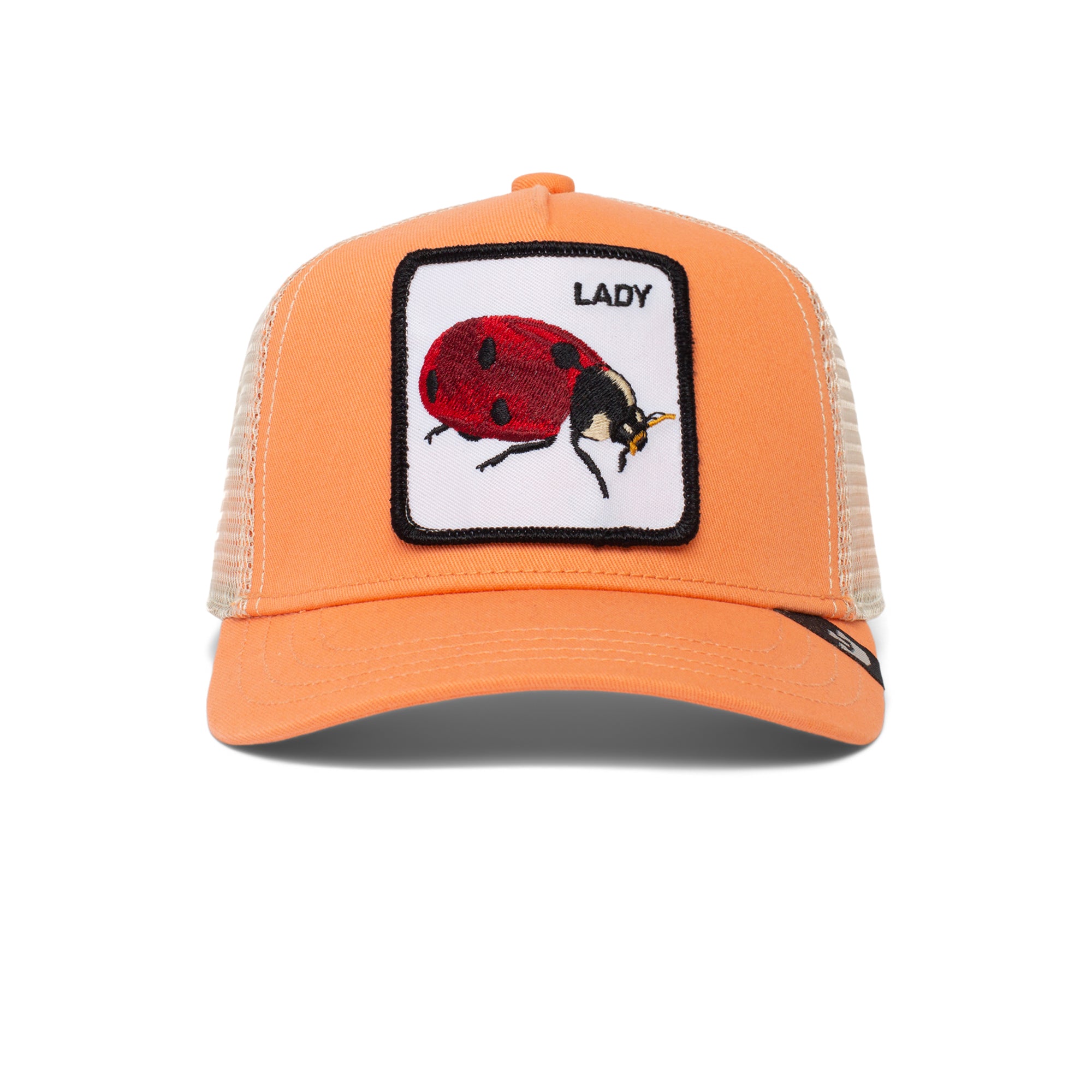 The Farm's "Little Lady" is an orange mesh-back trucker hat for kids ages 4-10, featuring a front patch with a ladybug and the word LADY.