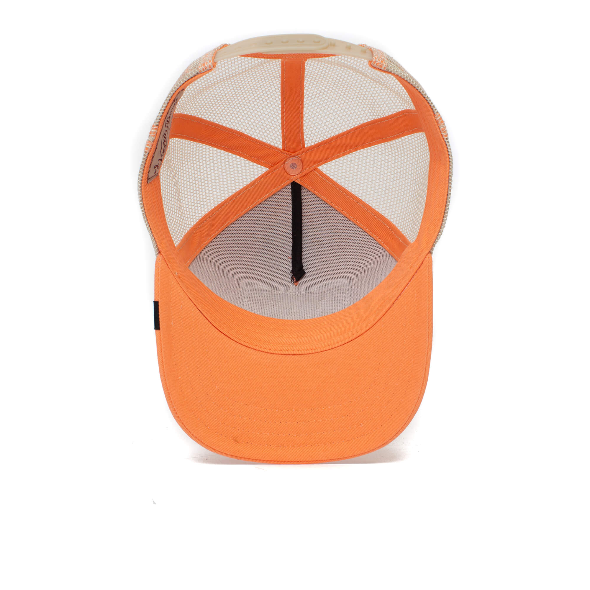 A top-down view of The Farm Little Lady orange and beige adjustable trucker hat for ages 4-10, showing the inside structure and strap, on a white background.