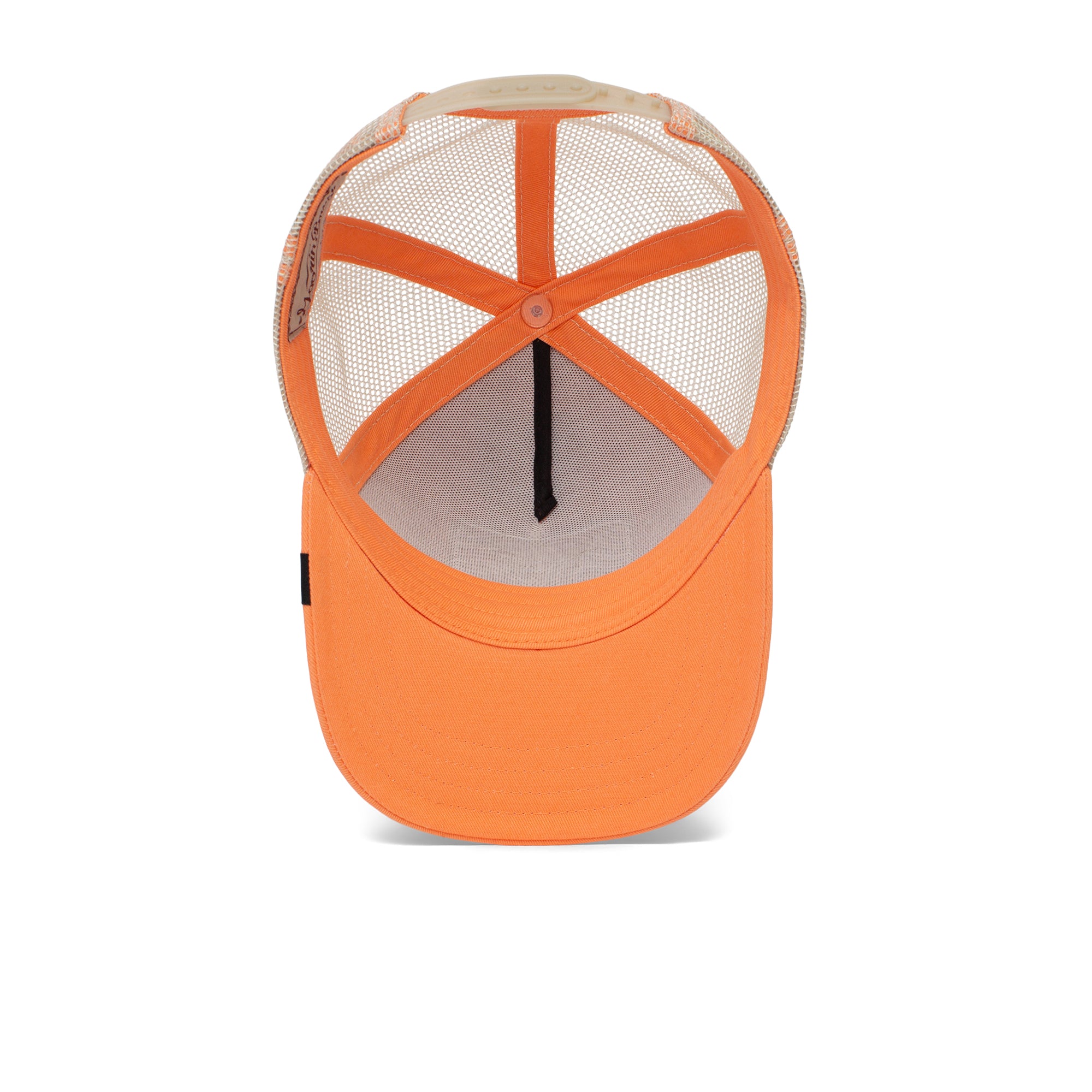 The Farm's Little Lady orange mesh trucker hat, shown from above, features a mesh back, fabric front, and curved brim. Sized for kids ages 4-10 with an adjustable fit for growing children.