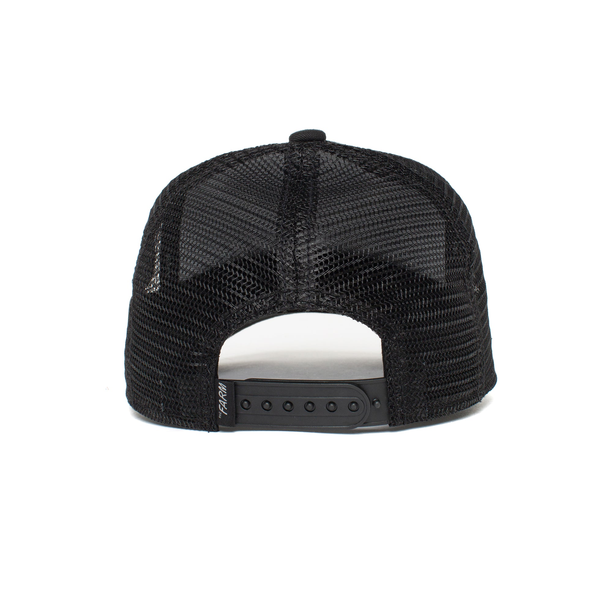 Back view of The Farm's Little Panther black mesh trucker hat for kids, featuring an adjustable snapback closure.