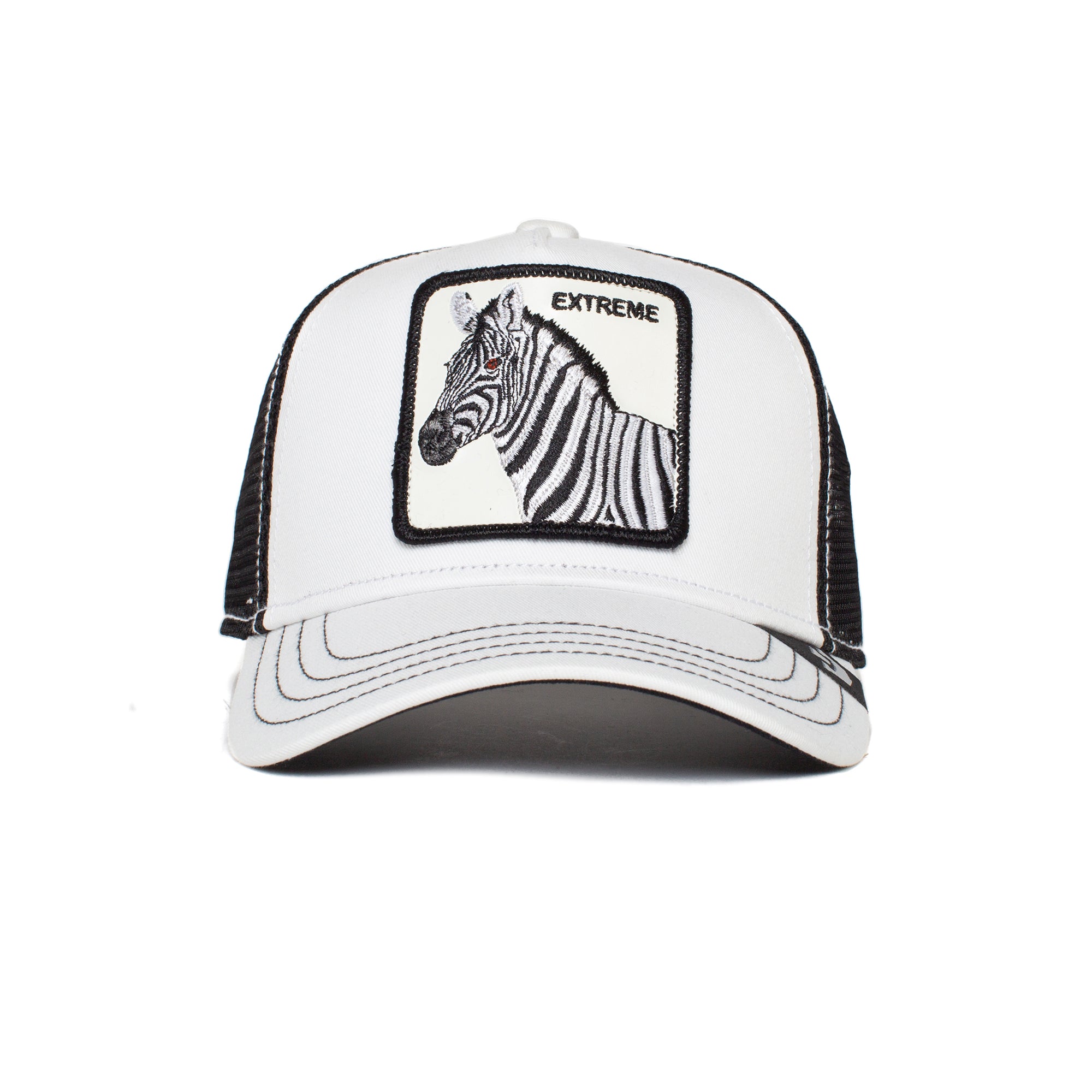 Front view of the Little Stripe hat by Goorin Bros., a white trucker style featuring a zebra animal patch with "EXTREME" embroidered above.