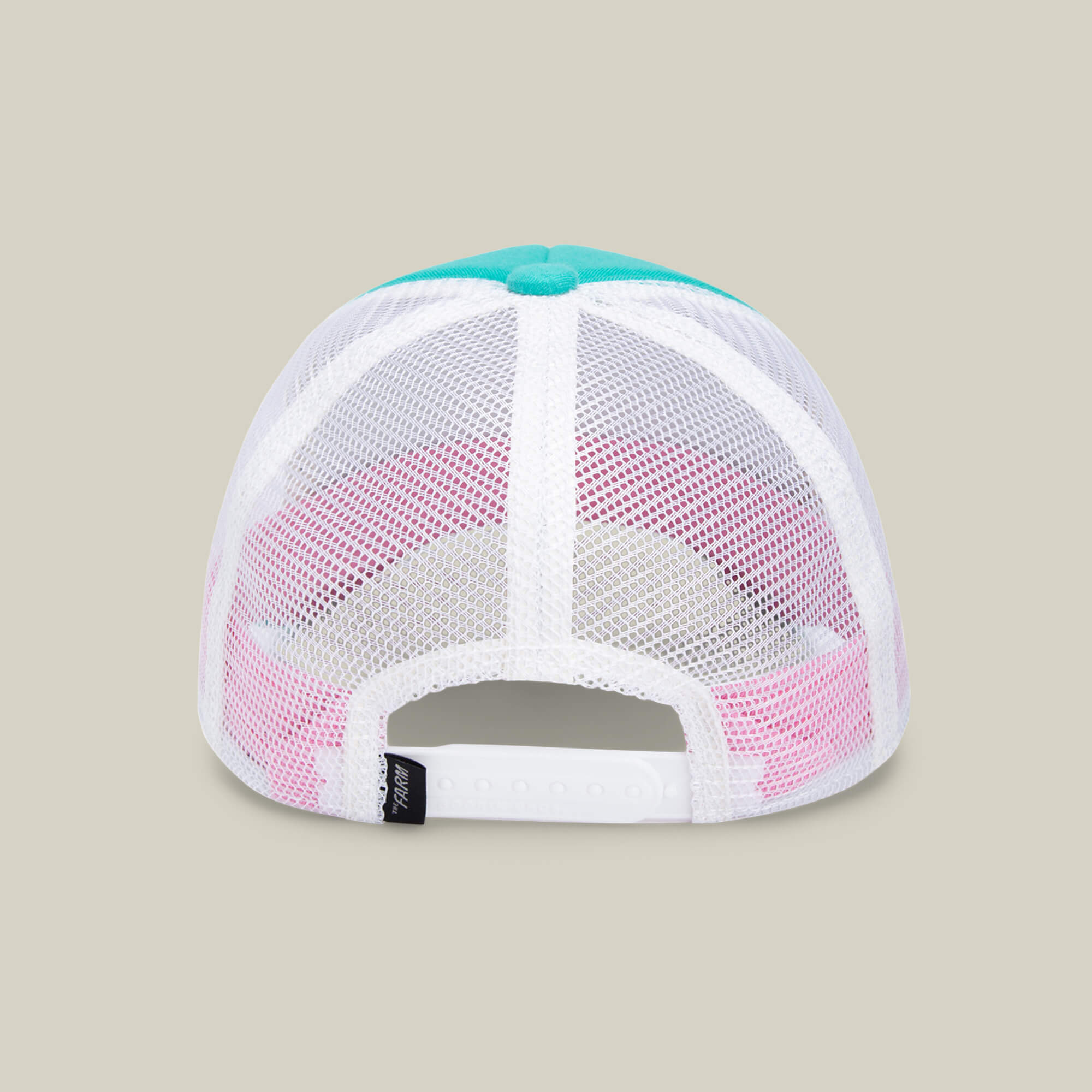 Back view of the Goorin Bros. Do Do Doodoo Doodoo white mesh baseball cap, featuring an adjustable snap closure and a teal button on top, displayed against a plain beige background—an ideal children’s hat that effortlessly combines comfort with playful style.