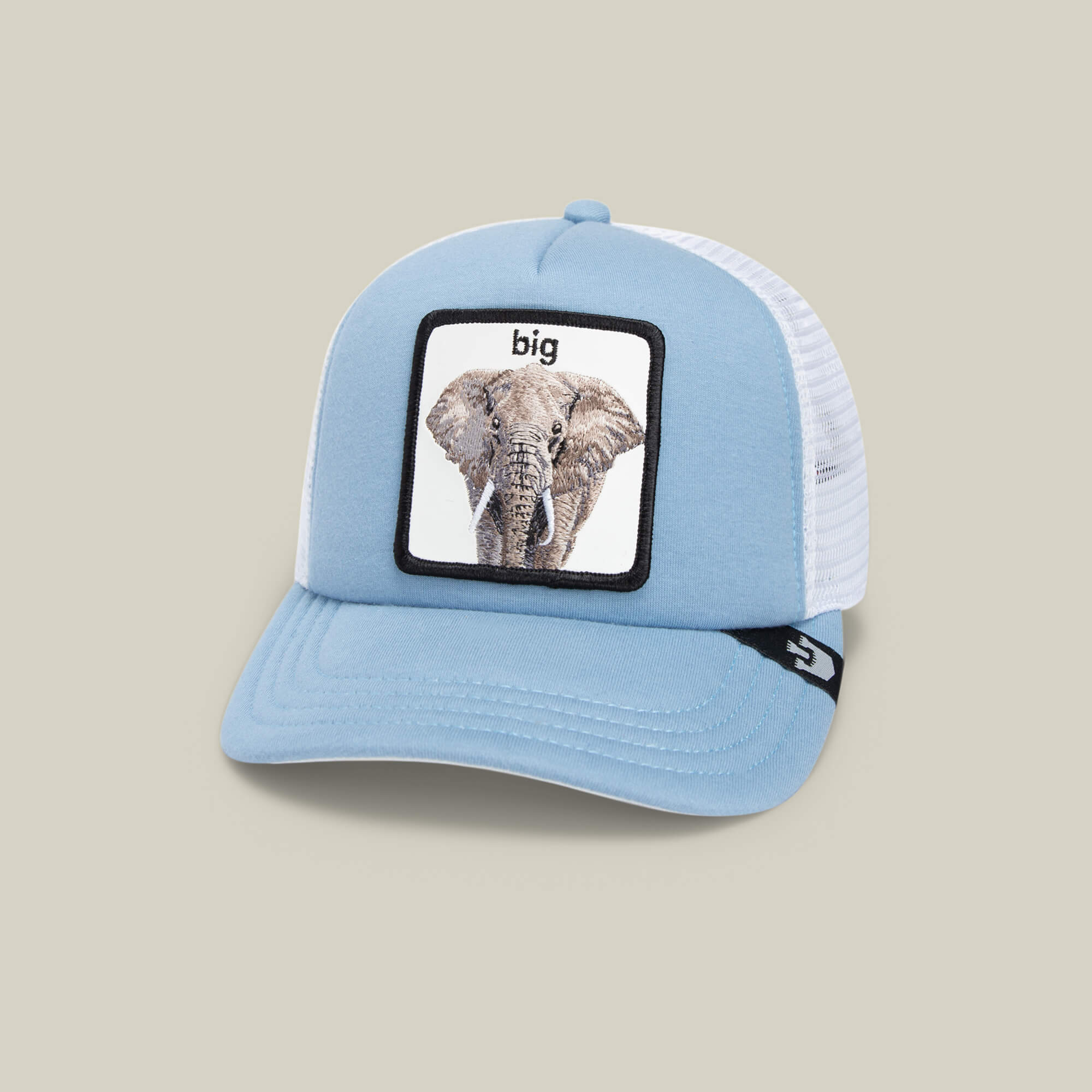 The Goorin Bros. "So Big" kids cap features a sky blue mesh back and an embroidered elephant patch with the word "big" on the sky blue and white front.