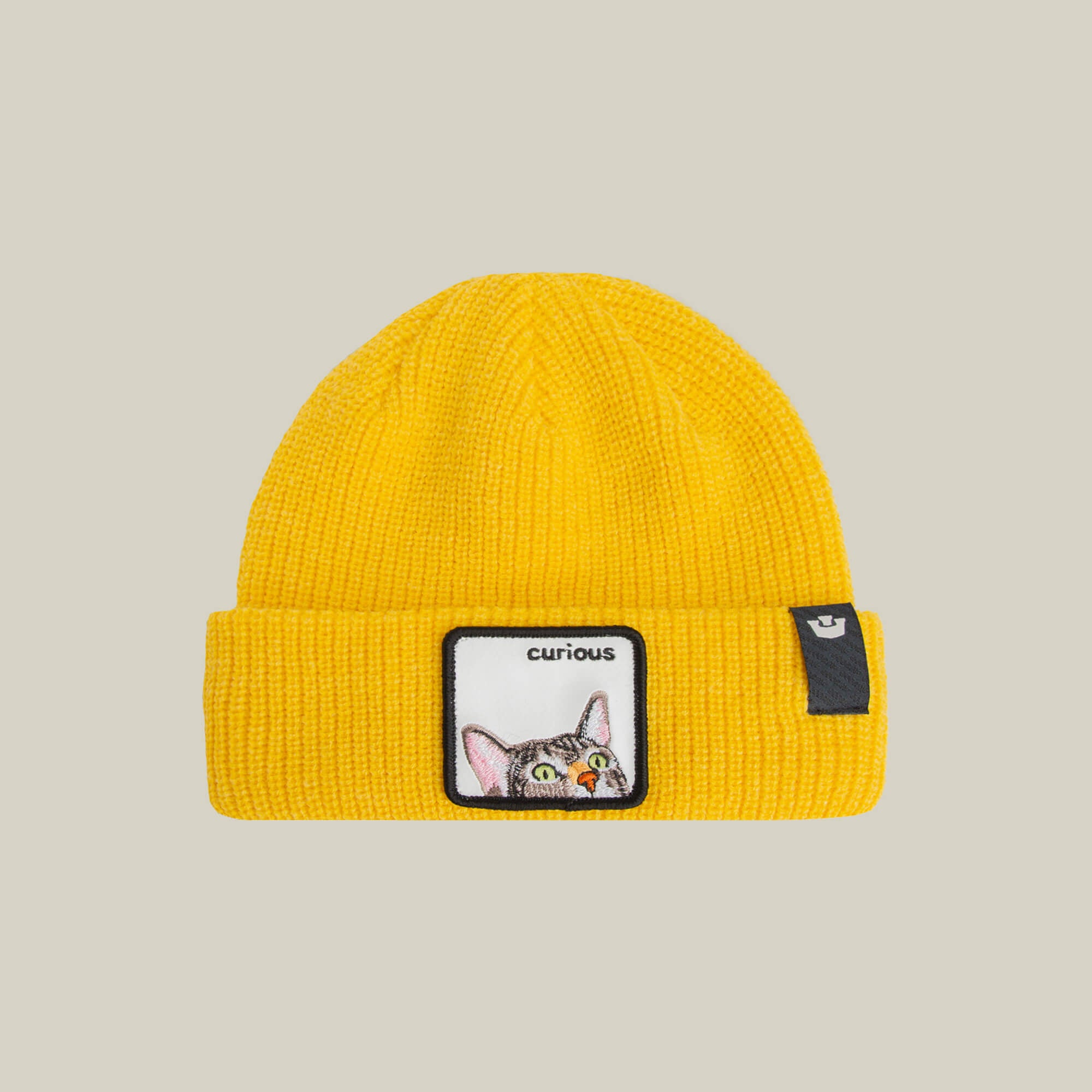 The Curious Beanie Mini by Goorin Bros. is a bright yellow knit kids beanie with a playful cat patch showing a curious cat’s face and “curious” above it, plus a small black tag on the right side.