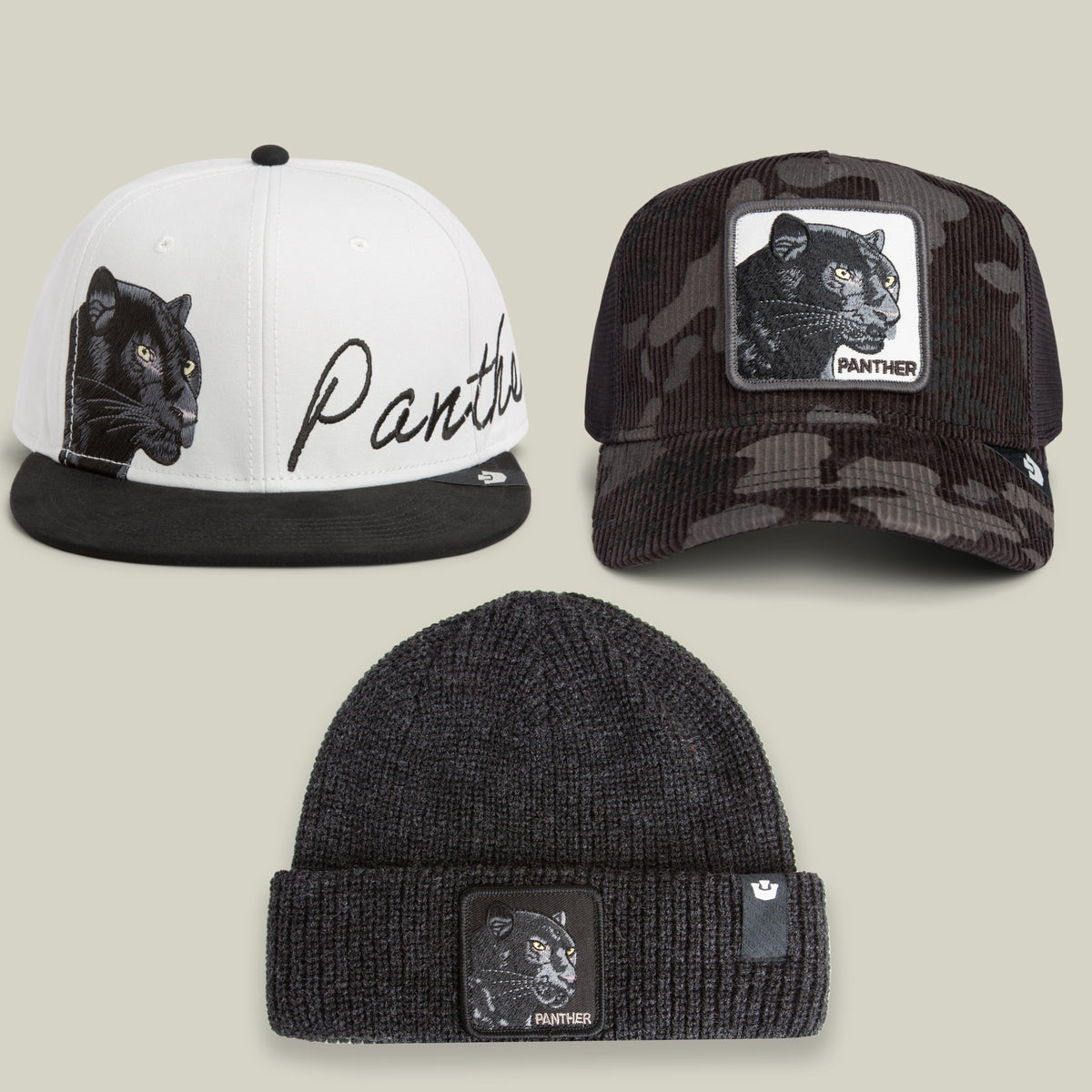 The Here Kitty, Kitty Bundle by Goorin Bros. includes three hats featuring striking panther designs: a white and black snapback, a camo trucker and corduroy cap with bold panther imagery, and a black knit beanie—all displayed against a neutral background.