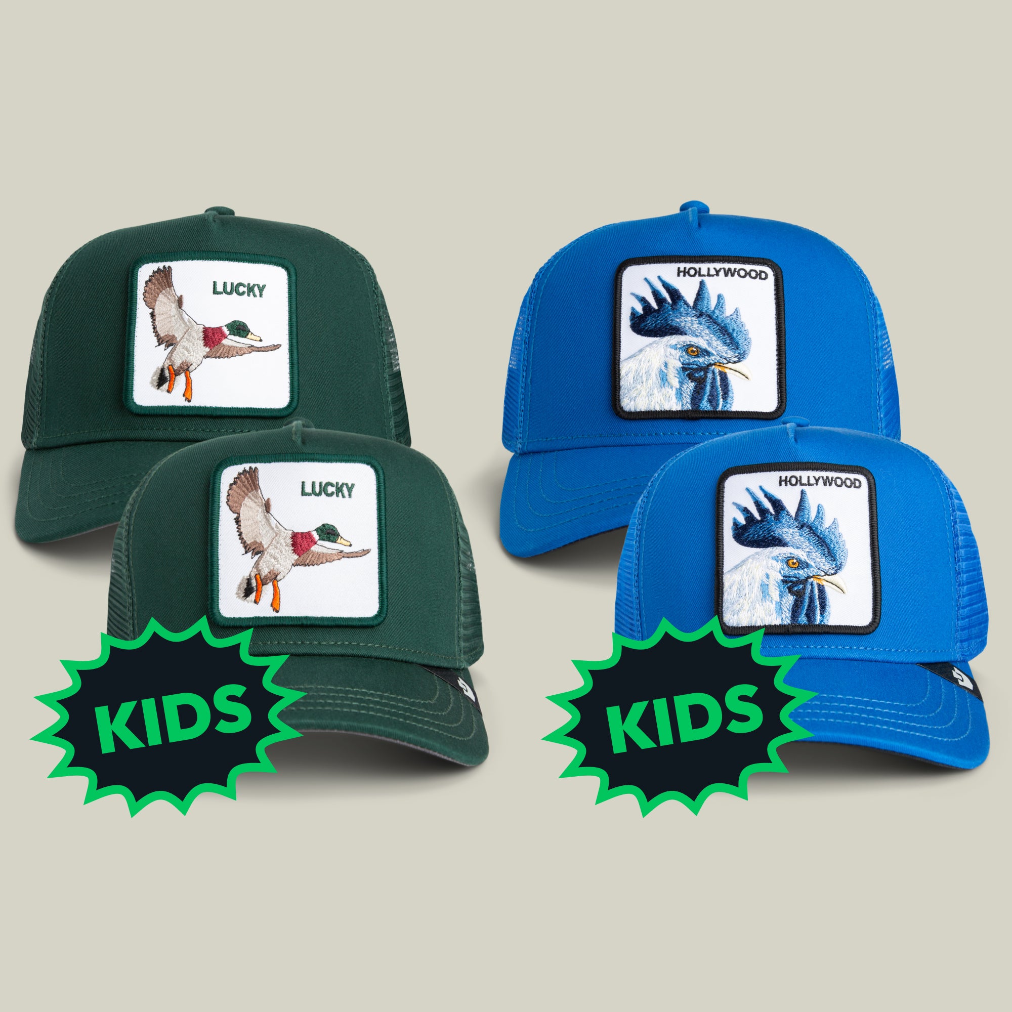 Four kids hats from the Goorin Bros. Mini Me Bundle—two green with duck patches labeled Lucky and two blue with rooster patches labeled Hollywood—each pair marked with a green starburst reading KIDS.