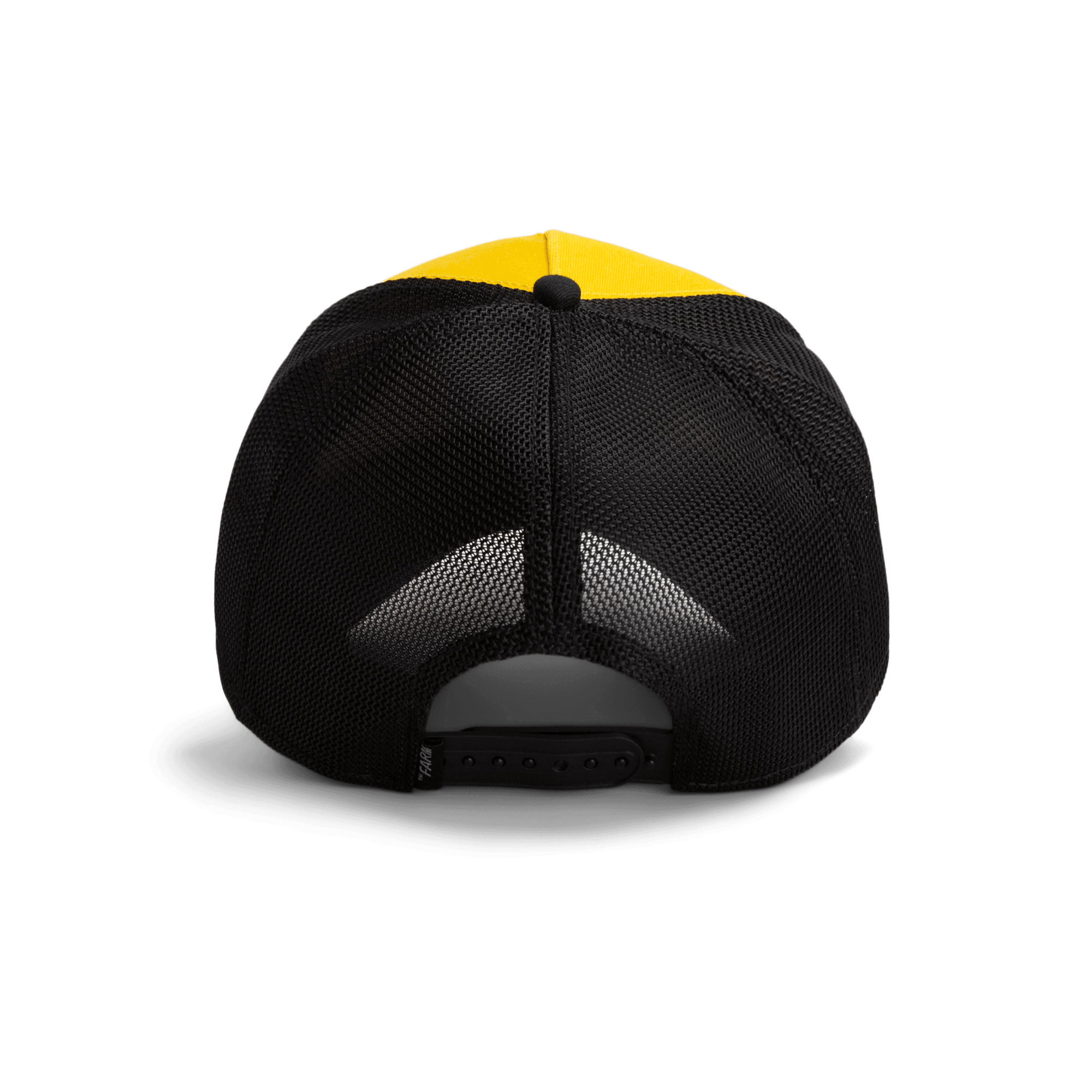 The Heartbreaker by Goorin Bros is a two-tone trucker hat featuring a yellow front panel and black mesh back with snapback closure, shown in a studio product shot.