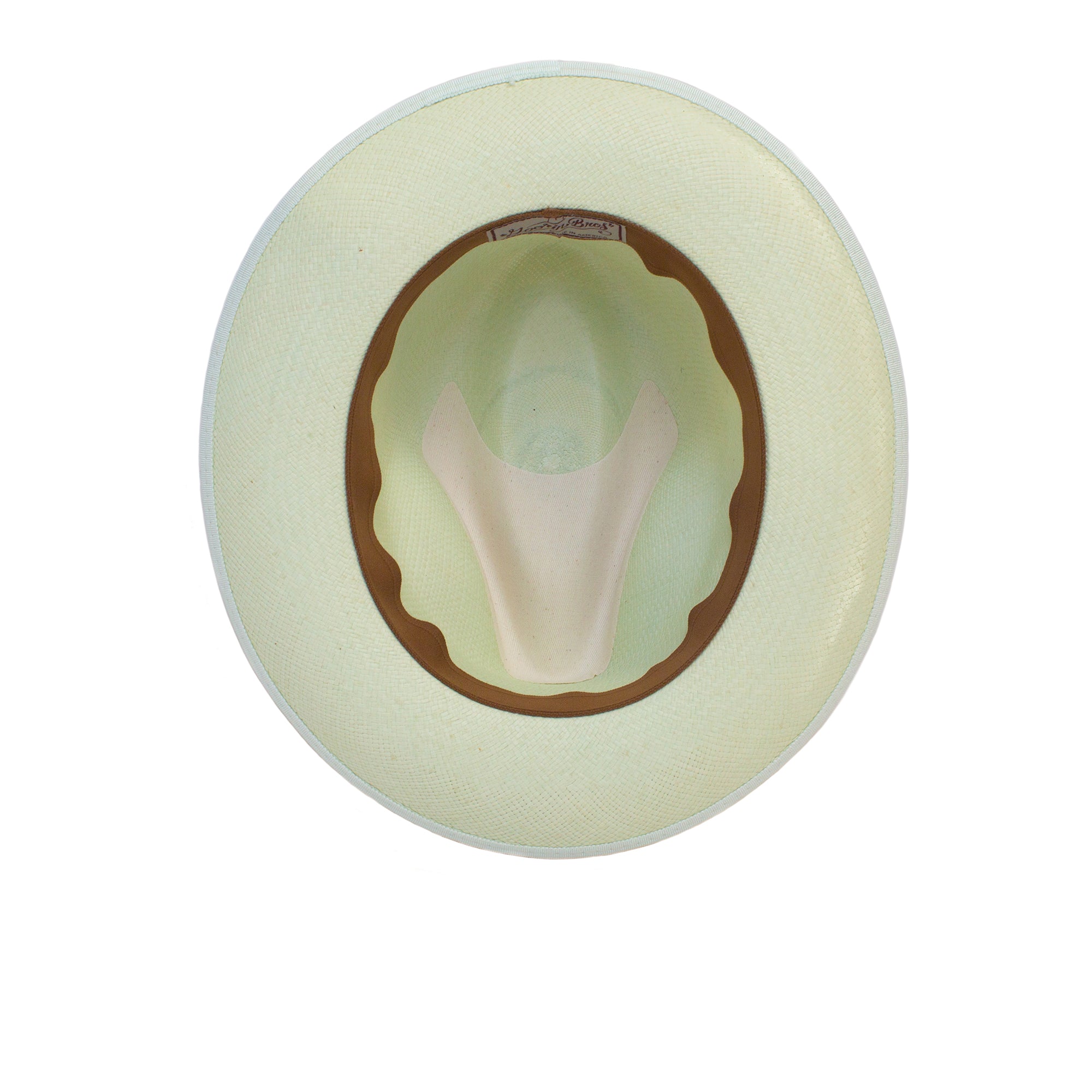 Top view of the Goorin Bros. Hartman cowboy hat, light-colored with a grosgrain band, showing its inner lining and sweatband.