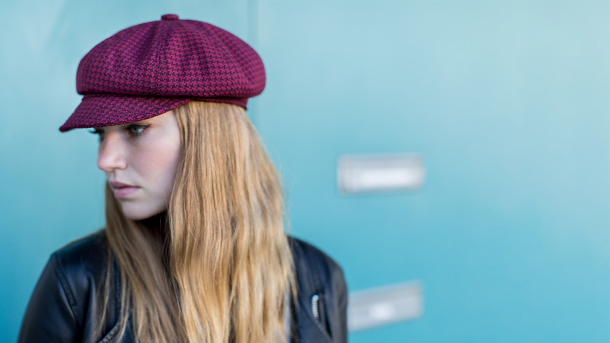 Goorin Bros. cold snap wool gatsby Red hero shot on female model