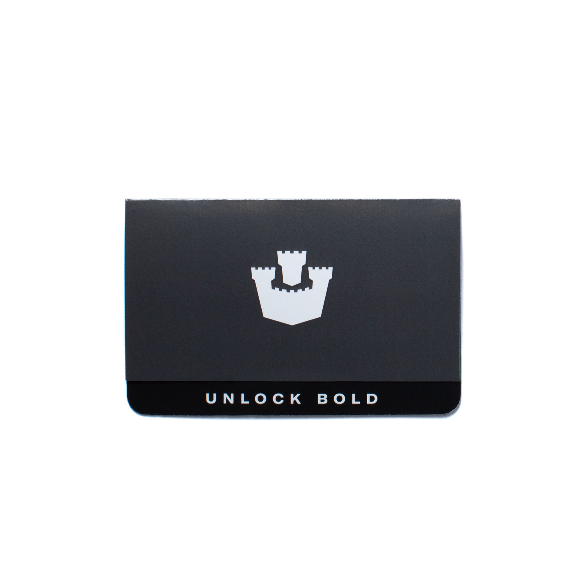 A black Goorin Bros. Gift Card - Electronic with a white castle logo and "UNLOCK BOLD" at the bottom, designed for online use and featuring a unique gift code.