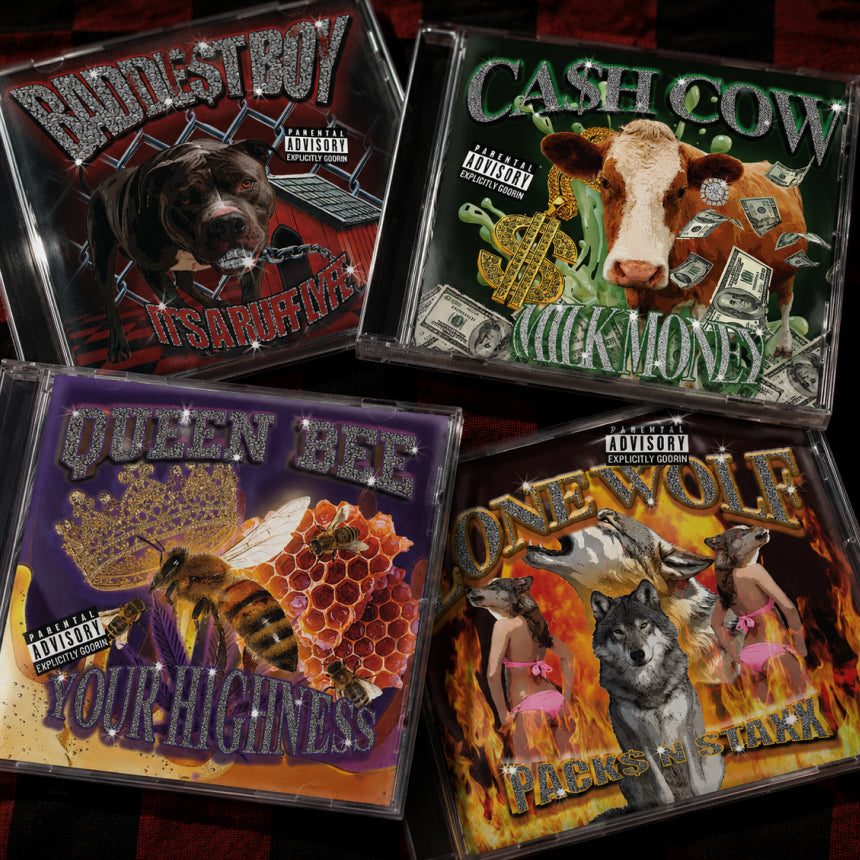 Four illustrated rap album covers: a dog with Its a Ruff Life, a cow and cash with Milk Money, a bee with Your Highness, and two wolves with Packs in Stock, each featuring animal-themed imagery.