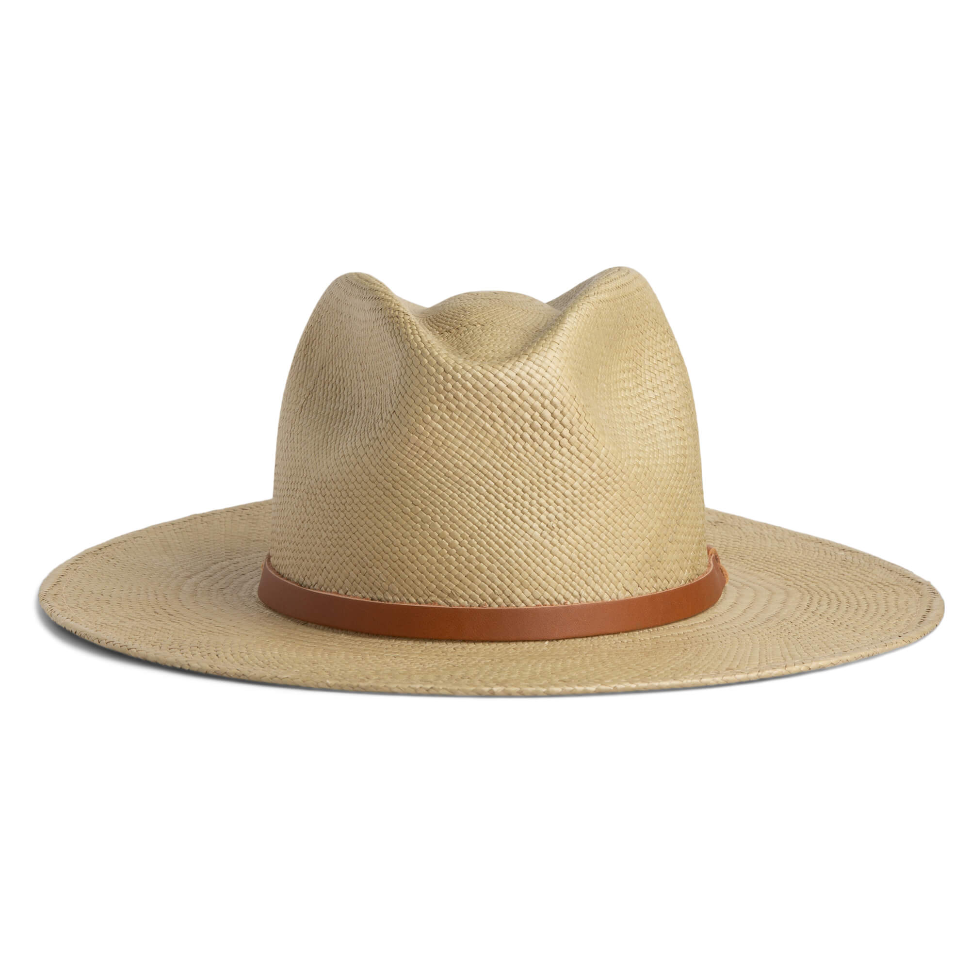The Goorin Bros. Welfleet is an olive Panama hat made from toquilla straw, featuring a wide brim and a brown leather band around the crown, displayed against a white background.