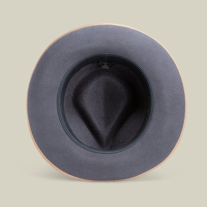 Top view of the Goorin Bros. River Gray fedora, crafted from gray merino wool with a wide brim and tan edge, photographed against a neutral background.