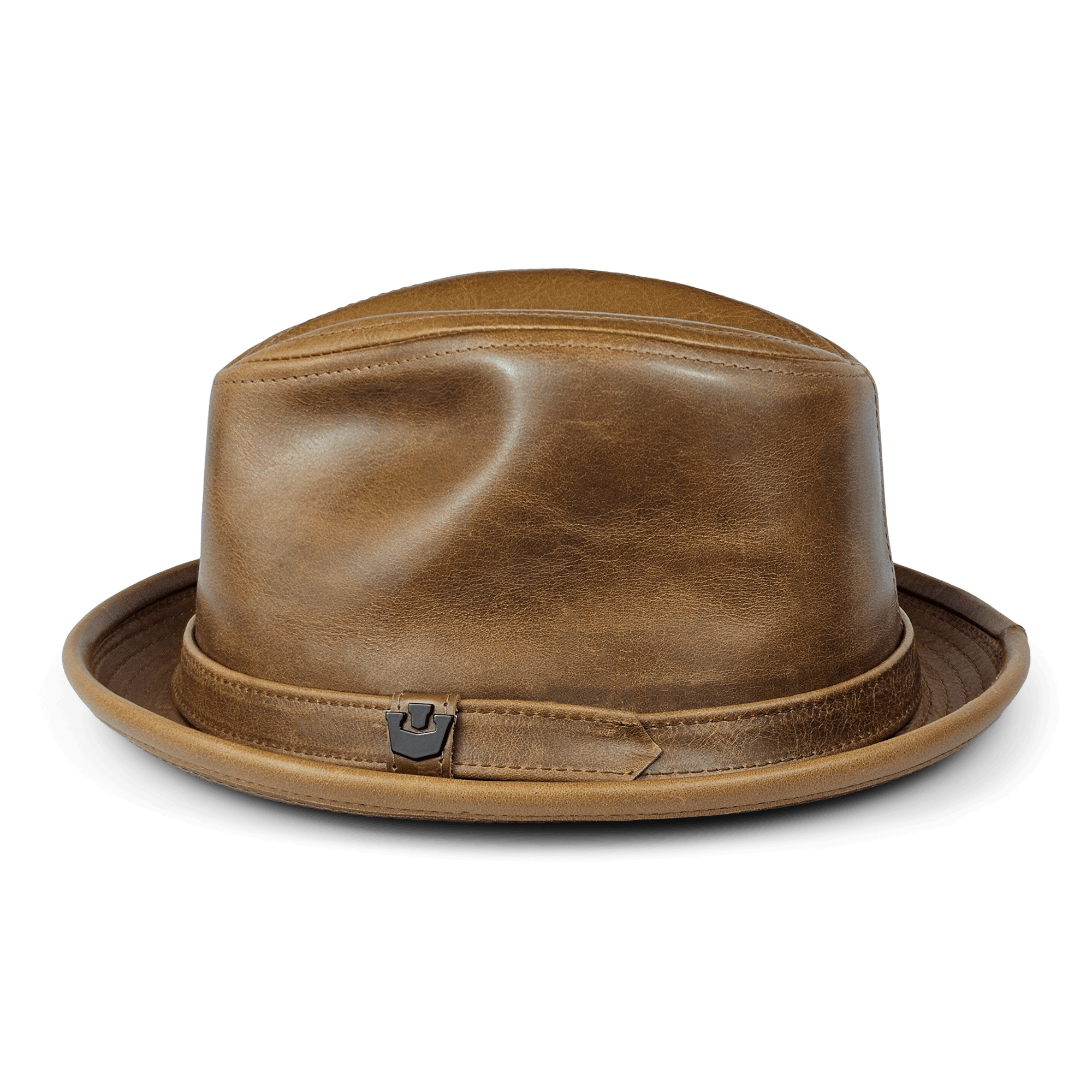 The Goorin Bros. Noble Park is a handmade structured leather fedora with a short brim and decorative band with metal accent, crafted in the USA, shown on a plain white background.