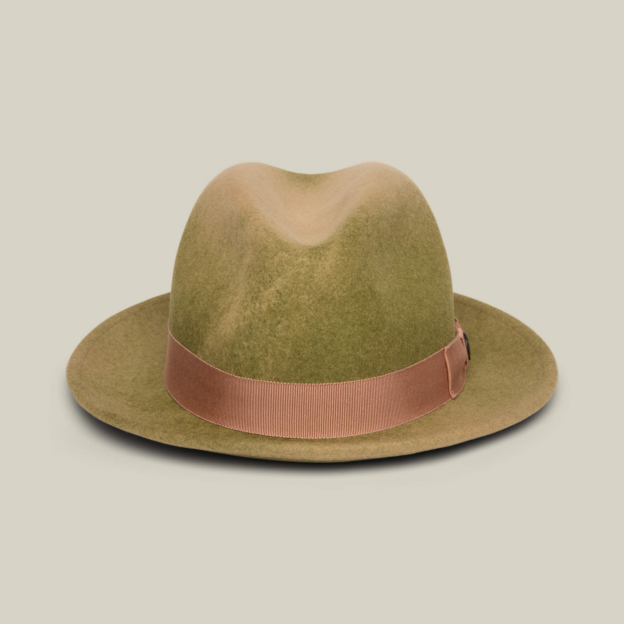 Goorin Bros. "Dean the Butcher" is an olive green wide-brim felt fedora with a light brown ribbon, American-made and perfect for all seasons, shown on a neutral background.