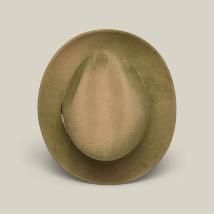 Dean the Butcher by Goorin Bros. is a greenish-brown, wide-brimmed American-made fedora with a snap brim, shown from above on a plain light background.