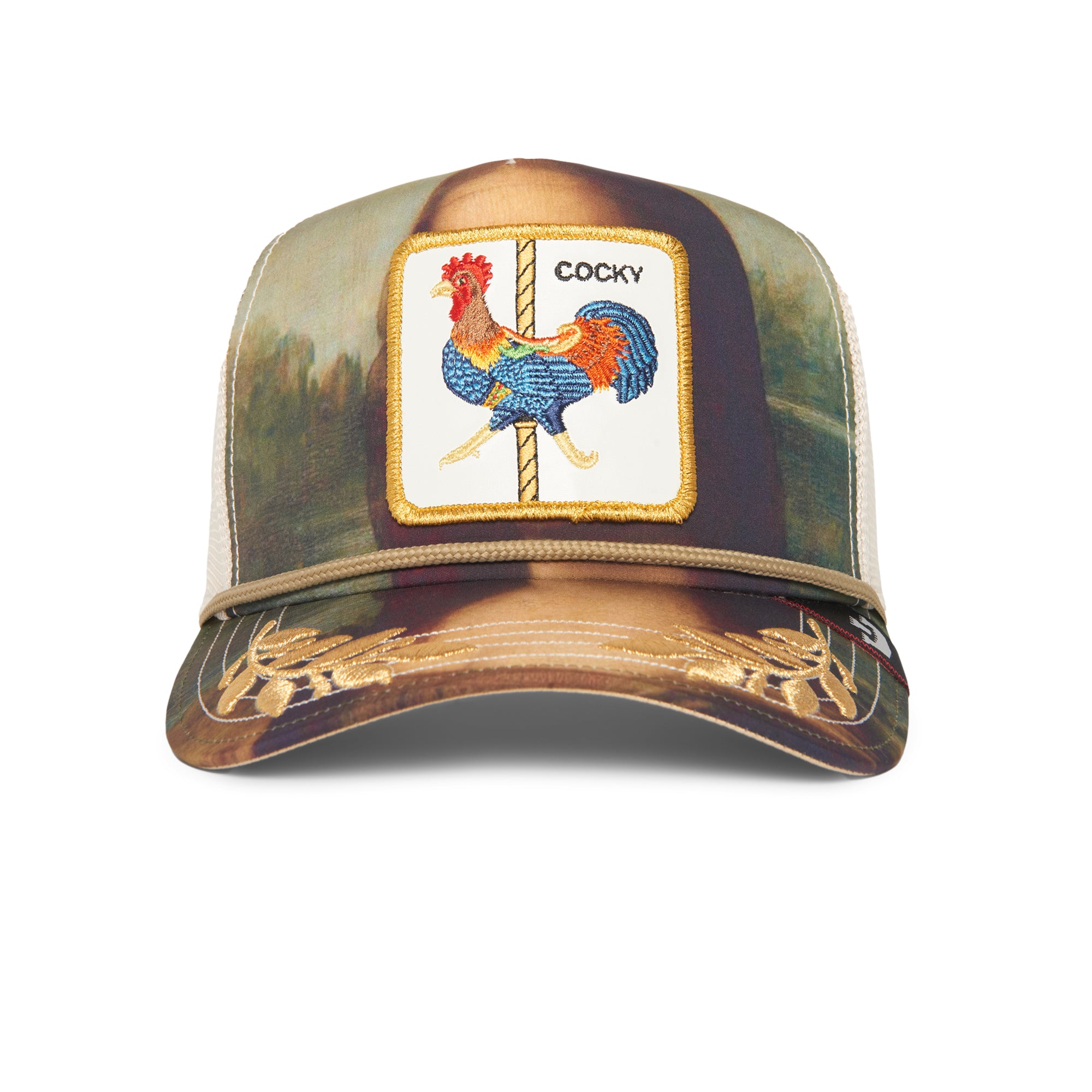 The Sicut Mentula by The Farm is a fashion mesh trucker hat with a camouflage design, featuring a rooster patch with "COCKY" and gold antler embroidery on the brim.