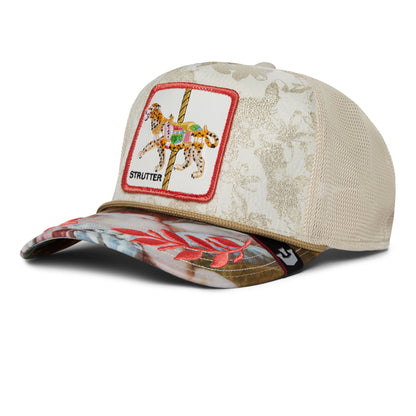 The Farm's Quid Glorier is a beige mesh snapback cap with a STRUTTER carousel leopard patch and a vibrant floral visor. All sales final.