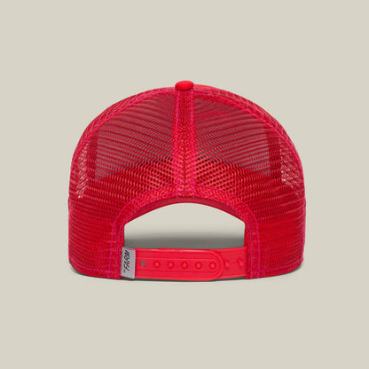 Back view of The Farm's "The Cock" red mesh trucker hat, featuring an adjustable snapback closure and a small white tag on the left side, inspired by the rooster—a symbol of sexuality and resurrection.