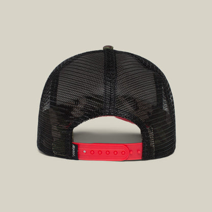 The Panther by Goorin Bros. is a black mesh trucker baseball hat, shown from the back with a red adjustable snap closure and a small black tag on the left side—perfect for fans of classic style.