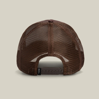 Back view of The Panther trucker baseball hat by Goorin Bros. in brown mesh with an adjustable snapback closure, set against a plain background.