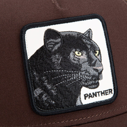 The Panther by Goorin Bros. is a brown trucker hat with a stitched patch showcasing a black panther’s face and the word "PANTHER" embroidered below.