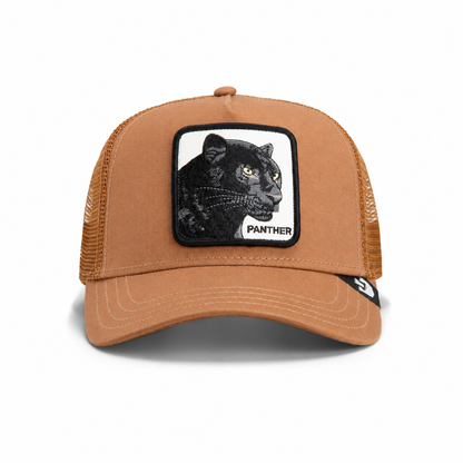 The Panther trucker hat by Goorin Bros. features brown mesh and a front patch with a black panther illustration and the word "PANTHER" beneath it, displayed on a white background. Part of The Farm collection.