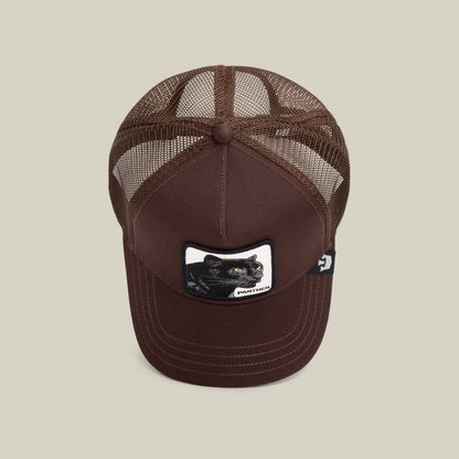 The Panther by Goorin Bros. is a brown mesh trucker baseball hat featuring a front patch with an illustrated black panther.