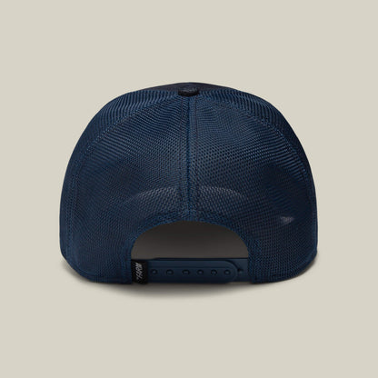 The Panther by Goorin Bros. is a navy blue mesh trucker baseball hat shown from the back, featuring a snapback closure, a small black tag on the adjustable strap, and subtle Ninja Kitten flair.