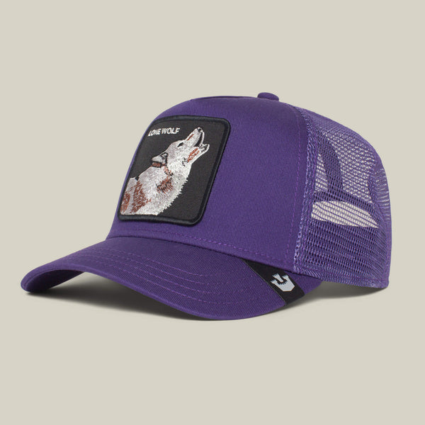 A purple baseball cap with a wolf patch on it