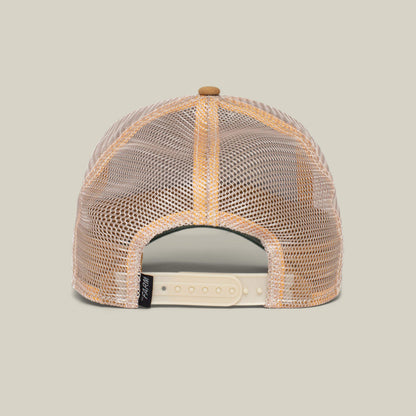 The Queen Bee by The Farm is a beige mesh trucker hat shown from the back, featuring an adjustable snapback closure, a small black tag on the left side, and a classic structured crown for stylish comfort.