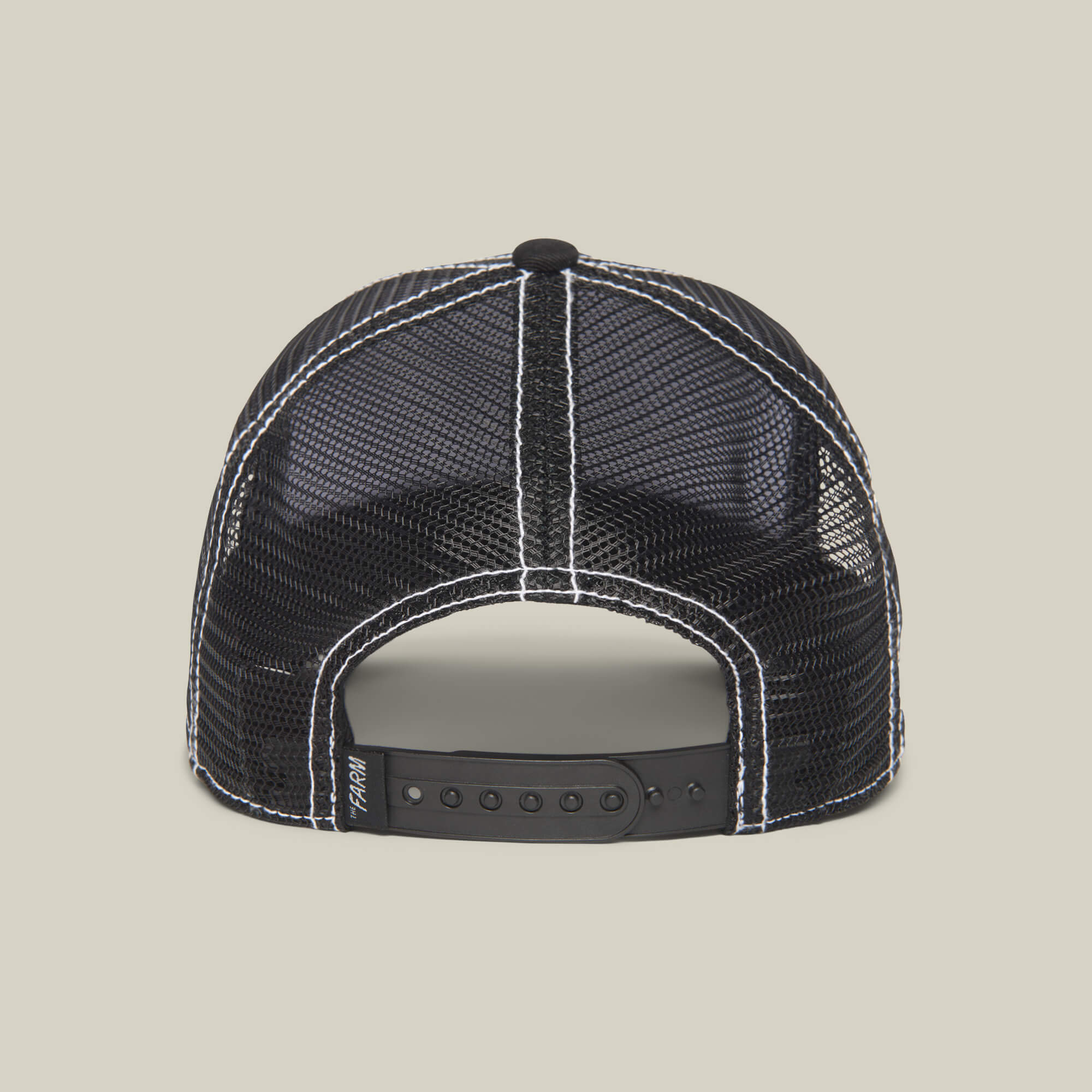 Back view of The Queen Bee black mesh trucker hat by The Farm, featuring white stitching and an adjustable snapback closure—slay your look and wear your crown with confidence.