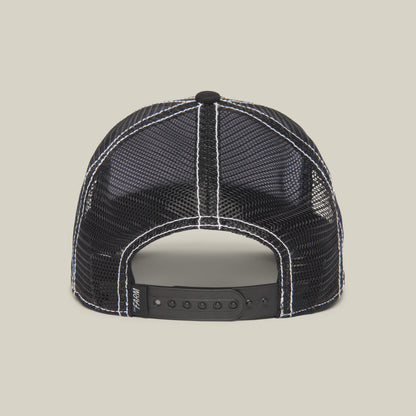 Back view of The Queen Bee black mesh trucker hat by The Farm, featuring white stitching and an adjustable snapback closure—slay your look and wear your crown with confidence.