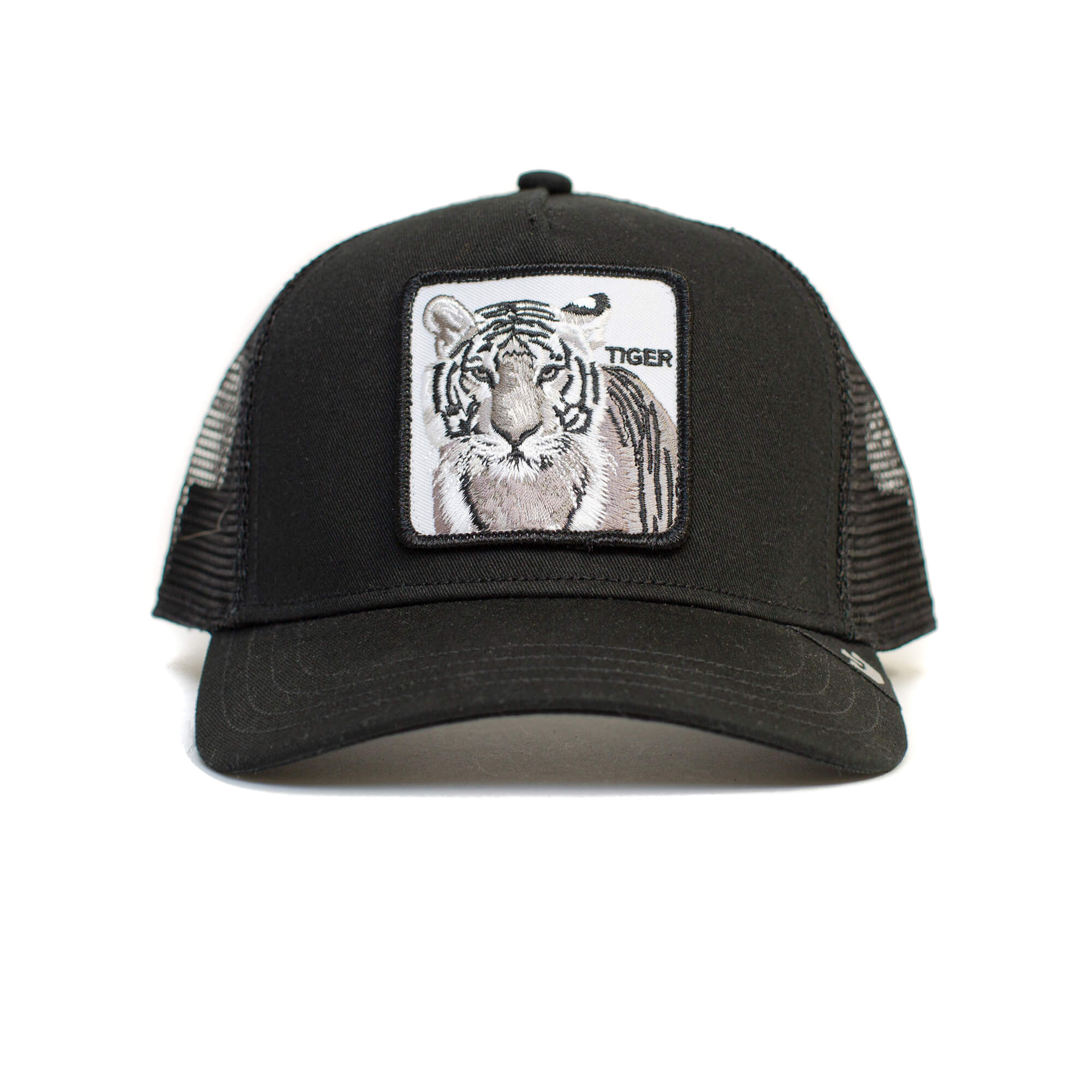 The Goorin Bros. Earn Your Stripes kid-sized trucker hat features a black mesh design, front patch with a tiger illustration and "TIGER" text on white. Adjustable for ages 4-10, it's stylish and comfortable.