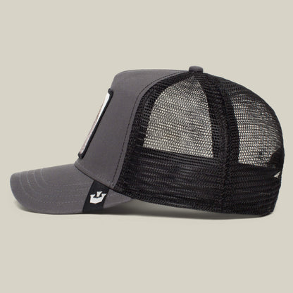 A gray and black mesh-back trucker hat from The Farm, called The Boss, viewed from the side against a plain background—casual style ready to join your collection.