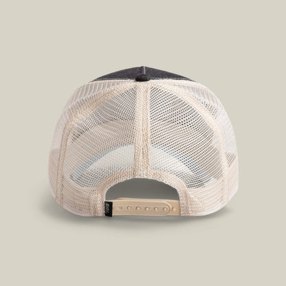 The back view of The Boss mesh trucker hat by The Farm is shown, featuring a beige adjustable snapback closure, ready to Add to cart against a plain light background.