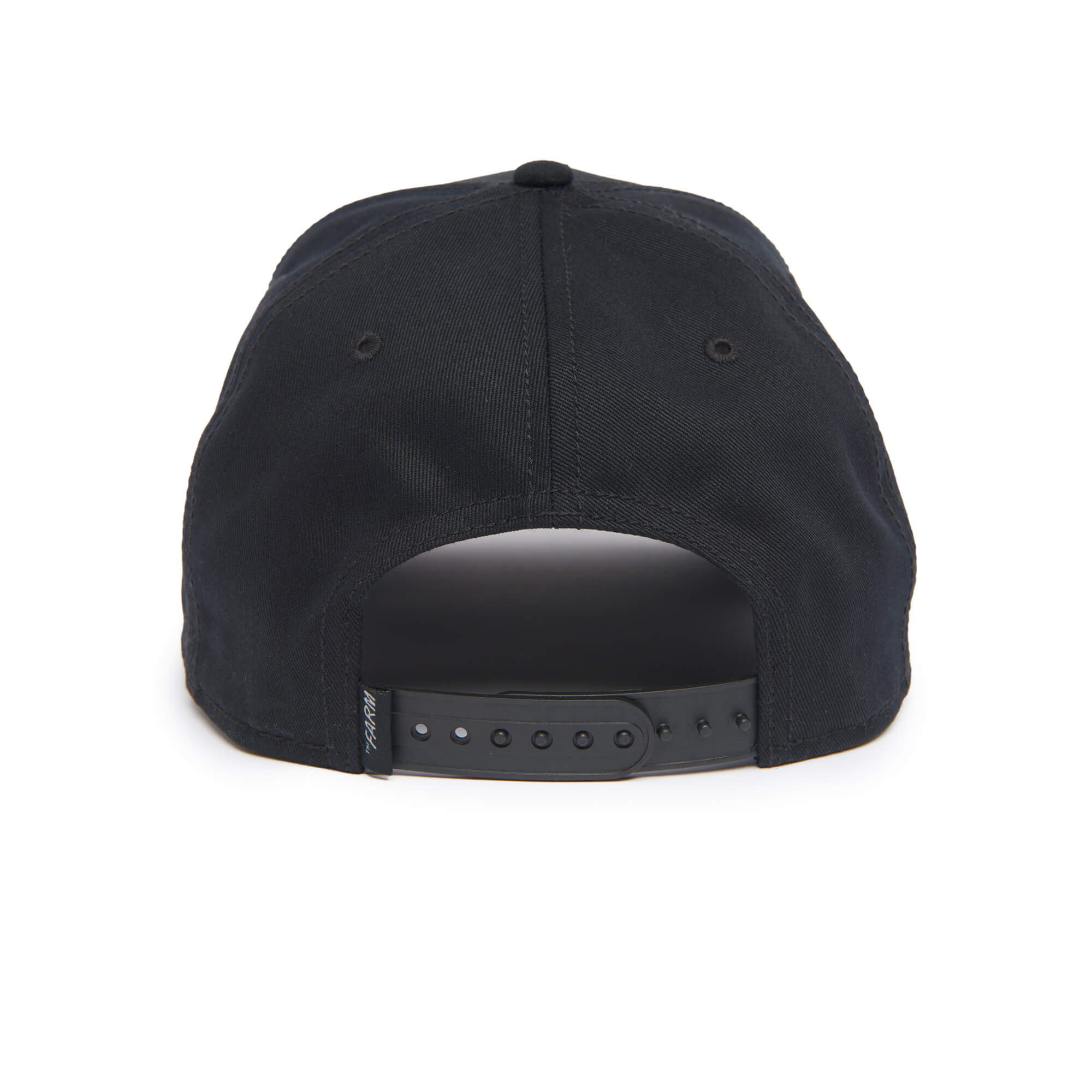 The Farm Alpha Dog 100 black baseball cap shown from the back, featuring an adjustable snapback closure and two stitched eyelets on each side. All Sales Final.
